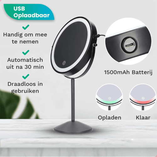 Make-Up Spiegel Staand Led Verlichting - 10x Vergroot - Zwart - Oplaadbaar